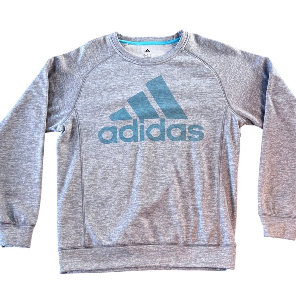 Adidas Climawarm Mens Sweatshirt Grey Heather Teal Logo Fleece Crew Neck Medium